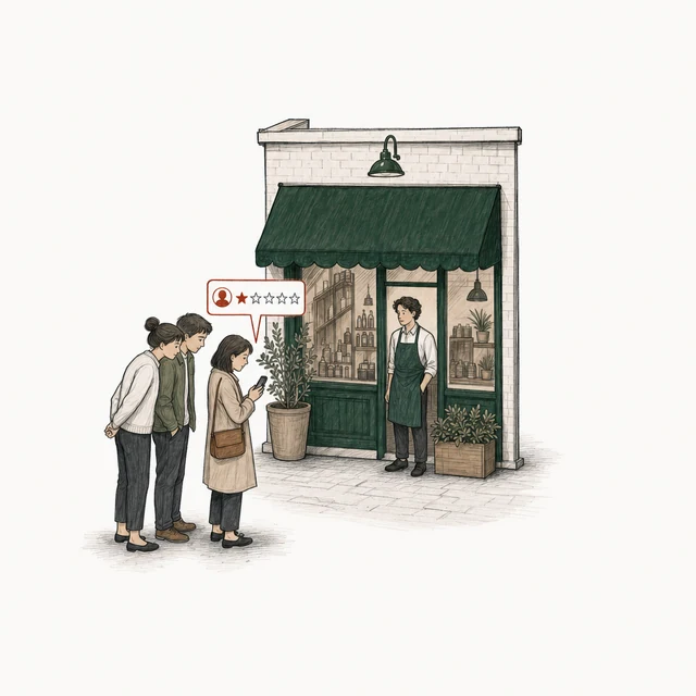 A woman outside the shop posts a one-star review while two people behind her read over her shoulder; a worker in the shop's green apron stands in the doorway.