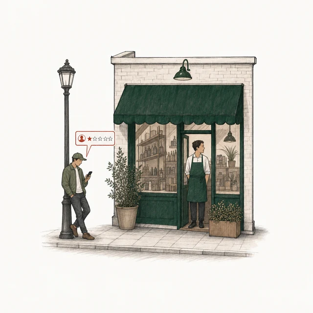 A man leaning on a lamppost outside the shop posts a one-star review; an employee in the shop's green apron stands in the doorway.