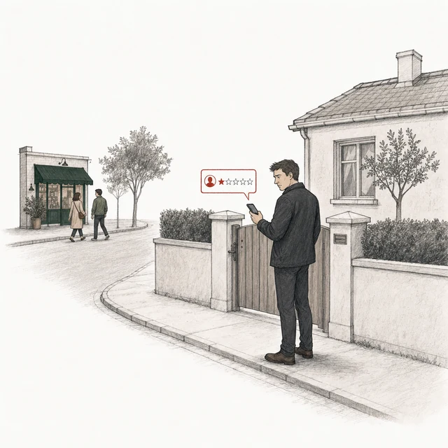 A man in a dark jacket stands at the closed gate of a small house, the owner's home, posting a one-star review; the corner of the shop is down the street behind him.