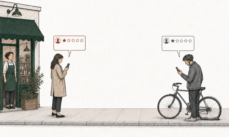 Illustration: two people on the pavement, each posting a one-star review from a phone. At the left, a step from the shop's doorway where the owner stands in the green apron, a woman in a beige coat; her review card is drawn in red. At the right, apart from her, an ordinary customer holding a bicycle with a flat tyre; his review card is drawn in plain gray. Labels: Aimed at who they are, Aimed at the business.