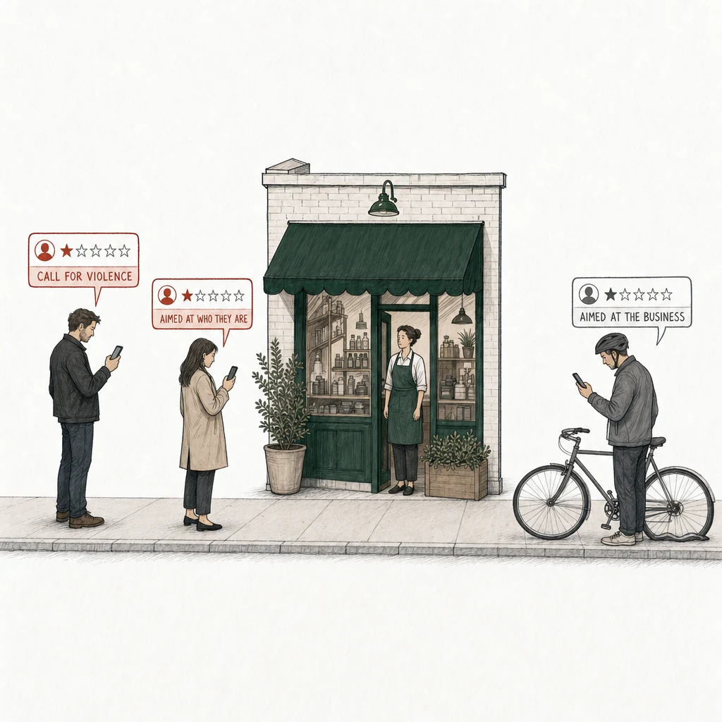 Illustration: a street with a small shop under a green awning; the owner stands in its doorway in the green apron, holding no phone. Three people on the pavement post a one-star review from a phone. Two of the review cards are drawn in red and labelled with what the words are aimed at: Call for violence, a man in a dark jacket turned toward the doorway; Aimed at who they are, a woman in a beige coat a step from the doorway, turned toward the owner. At the right, apart, an ordinary customer holding a bicycle with a flat tyre posts a one-star review drawn in plain gray, labelled Aimed at the business.