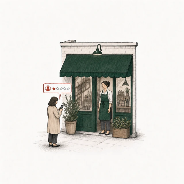 A woman in a beige coat, a step from the shop's doorway and turned toward it, posts a one-star review; the owner stands in the doorway in the green apron, holding no phone.