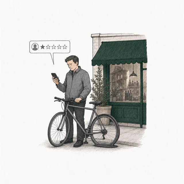 A customer holding a bicycle with a flat rear tyre posts a one-star review, drawn in plain gray; the corner of the shop is behind him.