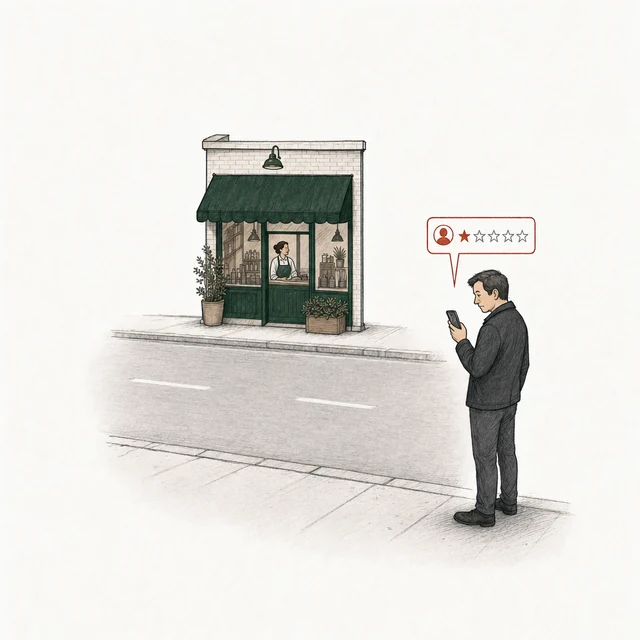 A man in a dark jacket stands alone at the curb across the street from the shop, carrying nothing, posting a one-star review.