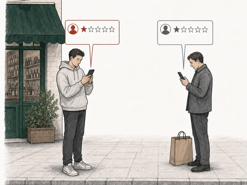 Illustration: two people on the pavement, each posting a one-star review from a phone. At the left, by the green-awning shop, a young man in a gray hooded sweatshirt whose review is not based on a real experience; his review card is drawn in red. At the right, apart from him, an ordinary customer with a shopping bag; his review card is drawn in plain gray. Labels: No real experience, Slow service.