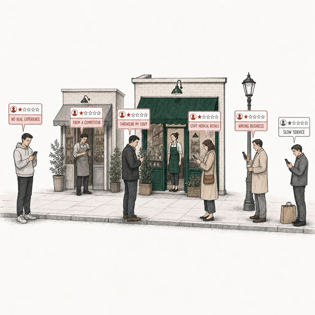 Illustration: a street with a small shop under a green awning and, to its left, a smaller rival shop under a gray awning; in the green shop's doorway an employee in the shop's green apron stands with empty hands. Six people post a one-star review from a phone. Five of the review cards are drawn in red and labelled with what puts the review under a policy: No real experience, a young man in a gray hooded sweatshirt standing well away from the shops; From a competitor, the rival shop's owner in a gray apron in his own doorway; Threatens my staff, a man in a dark jacket squared up in front of the employee; Staff medical details, a woman in a beige coat a step past the doorway; Wrong business, a man in a beige overcoat with a takeaway coffee at the curb by a lamppost, his back to the shop. At the far right, apart, an ordinary customer with a shopping bag posts a one-star review drawn in plain gray, labelled Slow service.