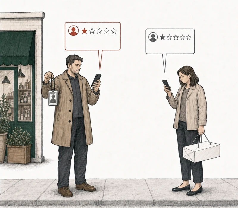 Illustration: two people on the pavement, each posting a review from a phone. At the left, by the green-awning shop, a man in a plain coat holding up a lanyard ID badge with someone else's photo; his review card is drawn in red. At the right, apart from him, an ordinary customer with a cake box; her review card is drawn in plain gray. Labels: Posed as a real person, Unfamiliar name.