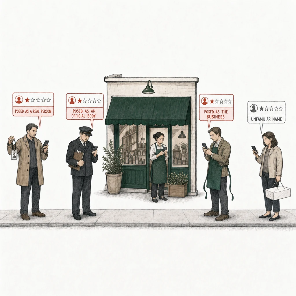 Illustration: a street with a small shop under a green awning. Four people post a review from a phone. Three of the review cards are drawn in red and labelled with what the account poses as: Posed as a real person, a man in a plain coat holding up a lanyard ID badge with someone else's photo; Posed as an official body, a man dressed as an inspector with a clipboard; Posed as the business, a man in street clothes with the shop's green apron pulled on over his coat, while the owner in the same apron stands in the doorway. At the far right, apart, an ordinary customer with a cake box posts a review drawn in plain gray, labelled Unfamiliar name.