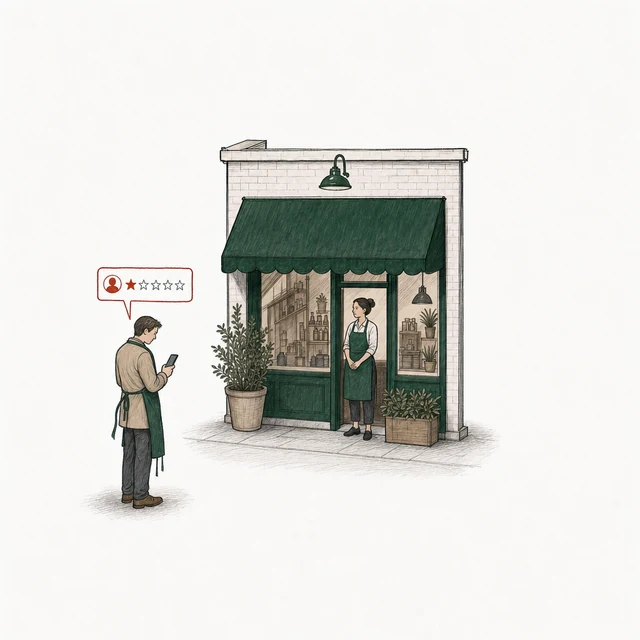 A man in street clothes with the shop's green apron pulled on over his coat posts a one-star review a few steps from the shop; the owner, in the same apron, stands in the doorway.