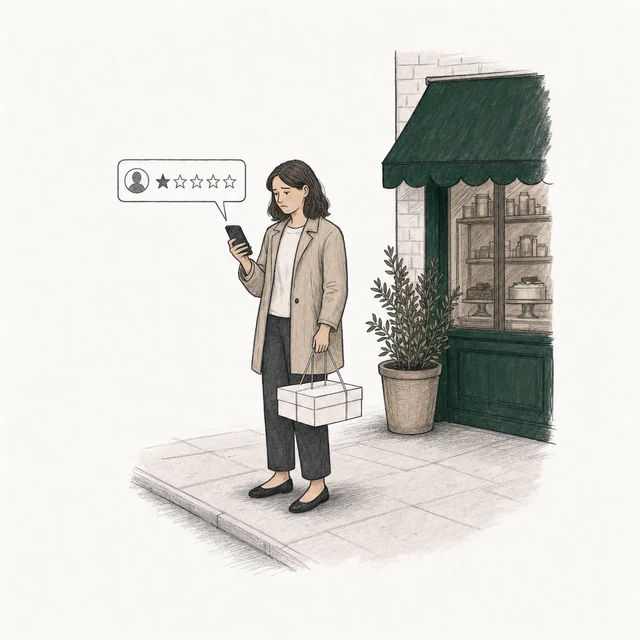 A customer holding a flat white cake box posts a review, drawn in plain gray; the corner of the shop is behind her.