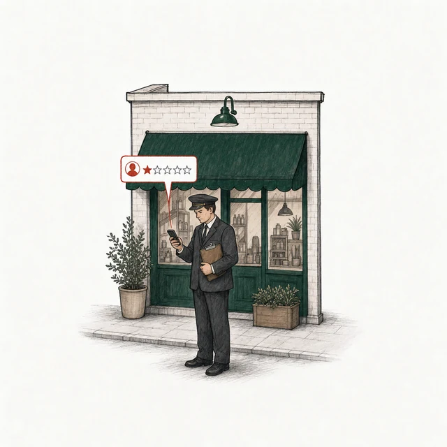 A man dressed as an inspector, in a dark suit and peaked cap with a clipboard under one arm, posts a one-star review outside the shop.