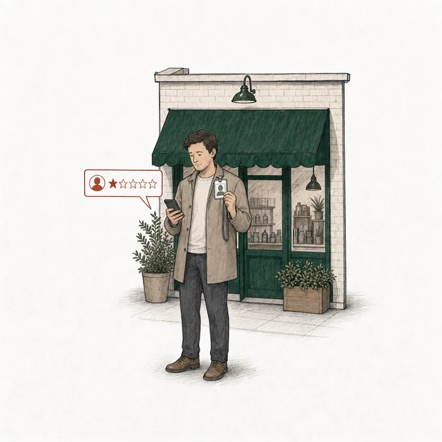 A man outside the shop posts a one-star review while holding up a lanyard ID badge that carries someone else's photo.