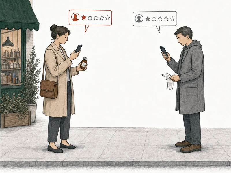 Illustration: two people on the pavement, each posting a one-star review from a phone. At the left, by the green-awning shop, a woman in a plain coat holding up a small medicine bottle; her review card is drawn in red. At the right, apart from her, an ordinary customer holding a folded receipt; his review card is drawn in plain gray. Labels: Health claim, Customer.
