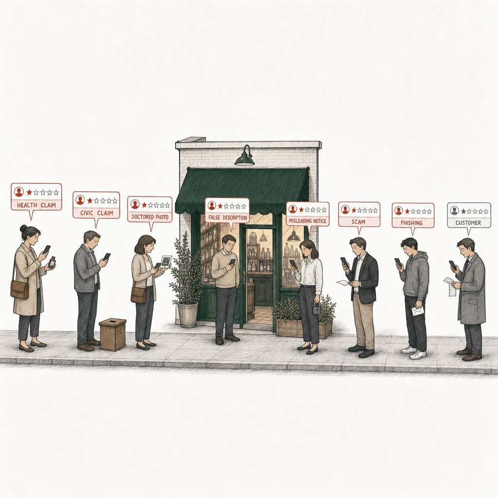 Illustration: a street with a small shop under a green awning, its window lit. Eight people stand on the pavement, each posting a one-star review from a phone. Seven of the review cards are drawn in red and labelled with what the review claims: Health claim, a woman holding up a small medicine bottle; Civic claim, a man beside a small ballot box; Doctored photo, a woman holding a printed photograph with a patch pasted over it; False description, a man in the shop's open doorway; Misleading notice, a woman holding a closed padlock; Scam, a man in a blazer holding out a blank paper slip; Phishing, a young man holding an envelope. At the right, apart, an ordinary customer holding a folded receipt posts a one-star review drawn in plain gray, labelled Customer.