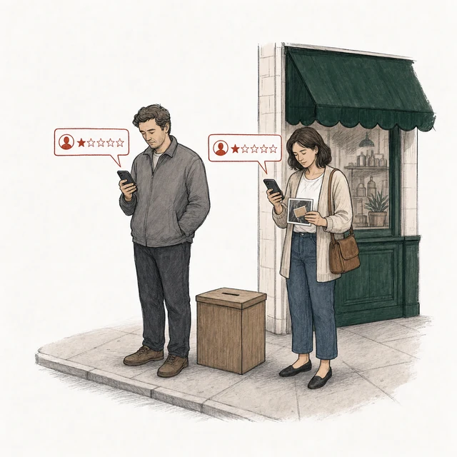A man beside a small ballot box posts a one-star review; a step away, a woman holding a printed photograph with a patch pasted over it posts one too. The corner of the shop is behind them.