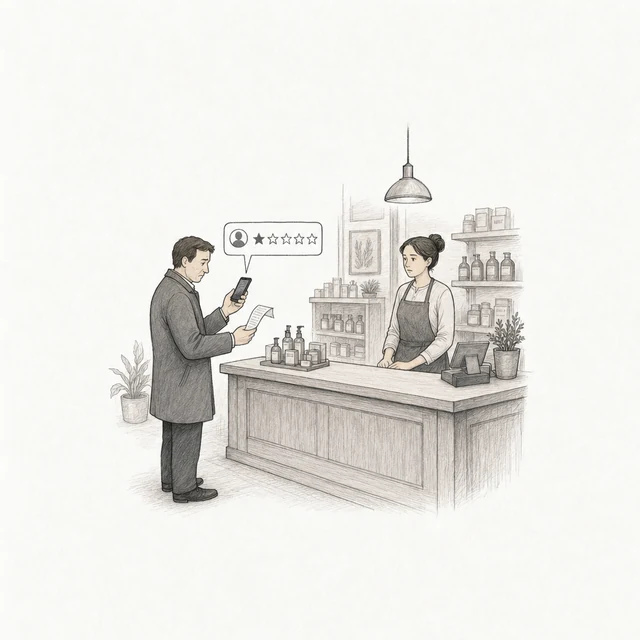 A customer at a shop counter frowns at a folded receipt and posts a one-star review, drawn in plain gray.