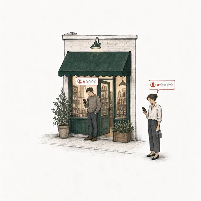 A man in the open doorway of the shop, its window lit, posts a one-star review; on the pavement a woman holding a closed padlock posts one too. The shop is visibly open behind them.