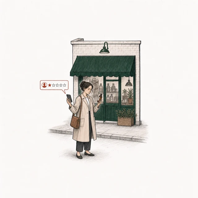 A woman in a plain coat outside the shop holds up a small medicine bottle and posts a one-star review.