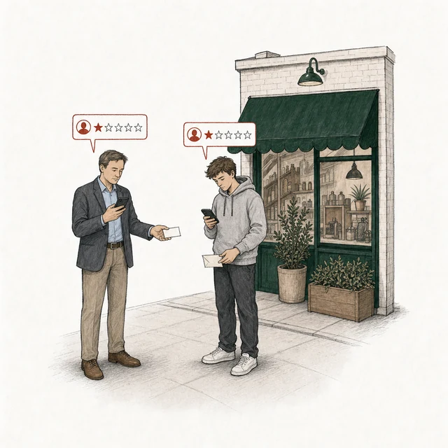 A man in a blazer holding out a blank paper slip posts a one-star review pointing readers to a number that isn't the shop's; beside him a young man holding an envelope posts one too. The corner of the shop is behind them.