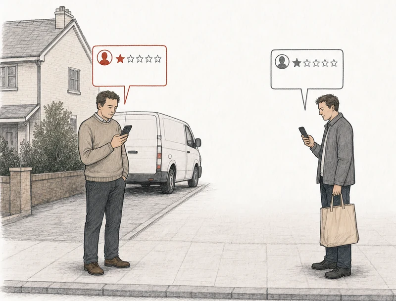 Illustration: two people on the pavement, each posting a one-star review from a phone. At the left, a neighbor at the end of his driveway beside a white work van parked across it; his review card is drawn in red. At the right, apart from him, an ordinary customer with a shopping bag; his review card is drawn in plain gray. Labels: No experience described, Real visit.