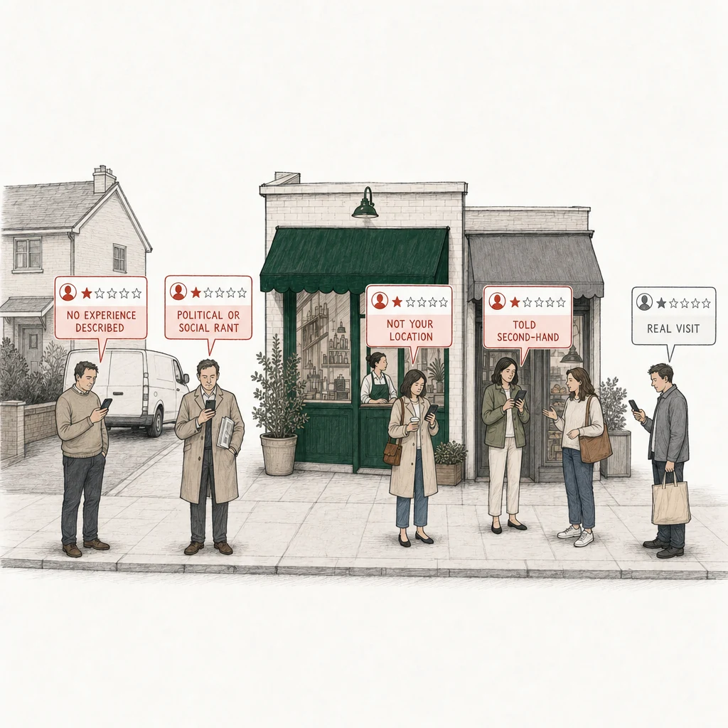 Illustration: a street with a small shop under a green awning, a house with a driveway at the left drawn in plain gray, and a smaller shop with a gray awning at the right. Five people post a one-star review from a phone. Four of the review cards are drawn in red and labelled with what the words describe: No experience described, a neighbor at the end of his driveway beside a white work van parked across it; Political or social rant, a man with a folded newspaper under one arm; Not your location, a woman with a takeaway coffee in front of the green-awning storefront; Told second-hand, a woman typing while her sister beside her talks, at the gray-awning shop. At the far right, apart, an ordinary customer with a shopping bag posts a one-star review drawn in plain gray, labelled Real visit.