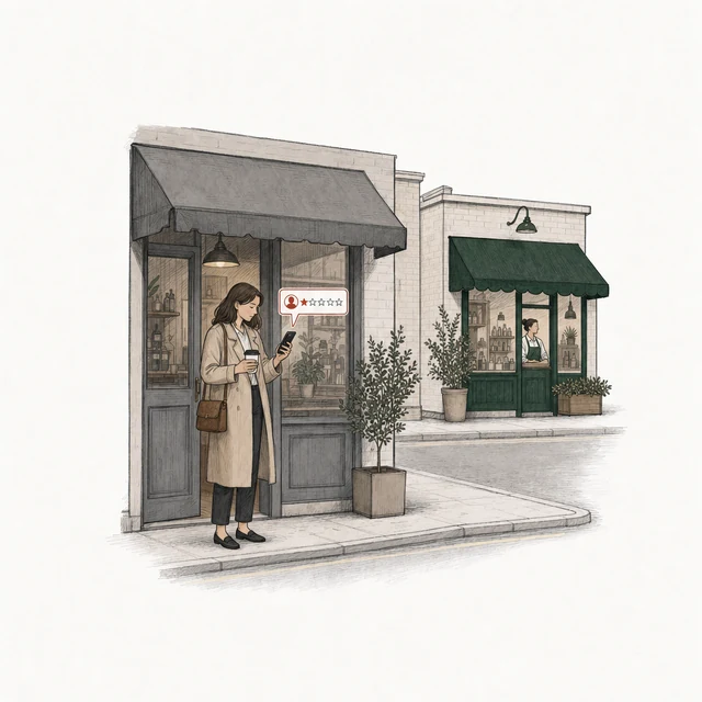 A woman with a takeaway coffee in the doorway of a different shop with a gray awning posts a one-star review; the green-awning shop is across the street.