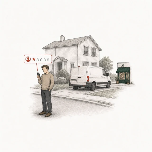A neighbor at the end of his driveway, a white work van parked across it, posts a one-star review; the corner of the shop is down the street behind him.
