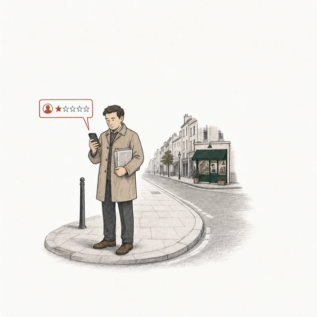 A man on a street corner with a folded newspaper under one arm posts a one-star review; the shop is far down the street behind him.