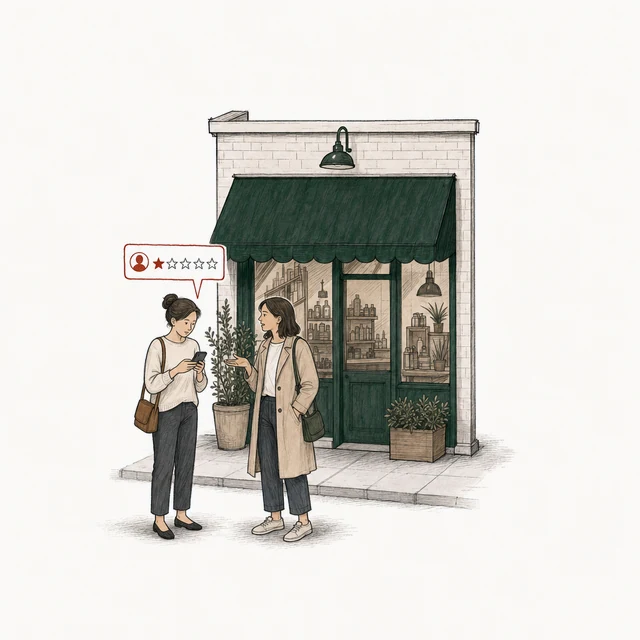 Outside the shop, a woman posts a one-star review while her sister beside her talks, one hand raised, holding no phone.