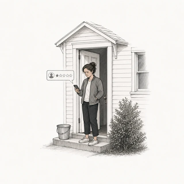 A customer at the open front door of a house, a bucket on the step at her feet, posts a one-star review, drawn in plain gray.