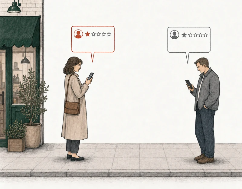 Illustration: two people on the pavement, each posting a one-star review from a phone. At the left, by the green-awning shop, a woman in a coat; her review card is drawn in red. At the right, apart from her, an ordinary customer; his review card is drawn in plain gray. Labels: Full name, Name is the business.