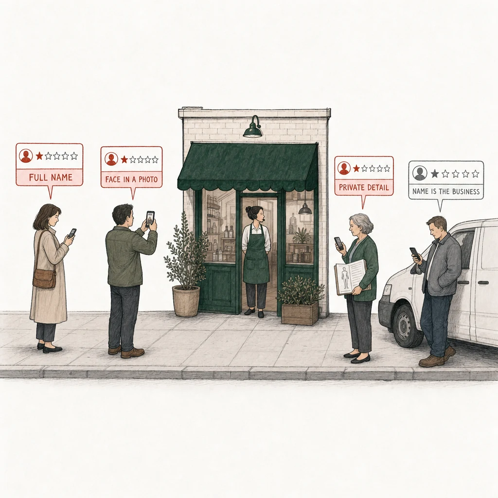 Illustration: a street with a small shop under a green awning; in its doorway a worker in the shop's green apron wears a phone headset. Four people post a one-star review from a phone. Three of the review cards are drawn in red and labelled with what the words do: Full name, a woman in a coat a step from the doorway; Face in a photo, a man holding his phone up to photograph the worker; Private detail, an older woman with a medical chart in a paper folder under her arm. At the far right, apart, an ordinary customer beside a plain white work van posts a one-star review drawn in plain gray, labelled Name is the business.