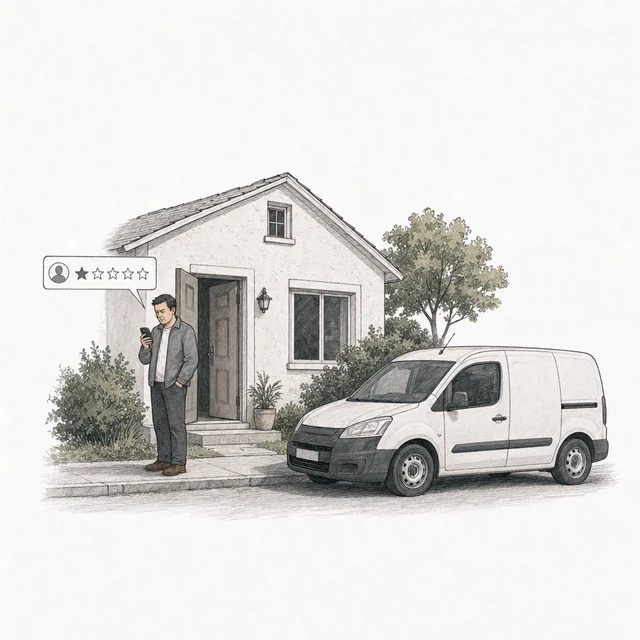 A customer at the open front door of his house, a plain white work van at the curb, posts a one-star review drawn in plain gray.