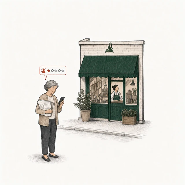 An older woman across the street from the shop posts a one-star review, a medical chart in a paper folder under her arm.