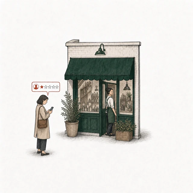 A woman a step from the shop's doorway posts a one-star review; in the doorway, a worker in the shop's green apron wearing a phone headset.