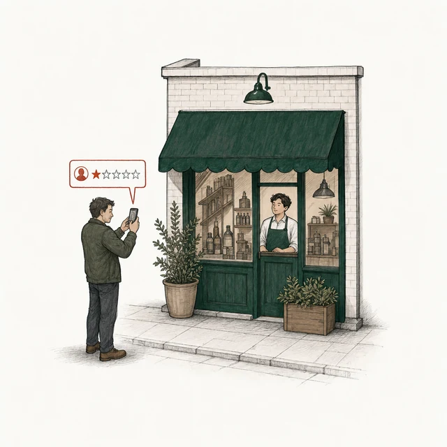A man outside the shop holds his phone up, photographing the employee in the green apron at the counter in the doorway, and posts a one-star review.