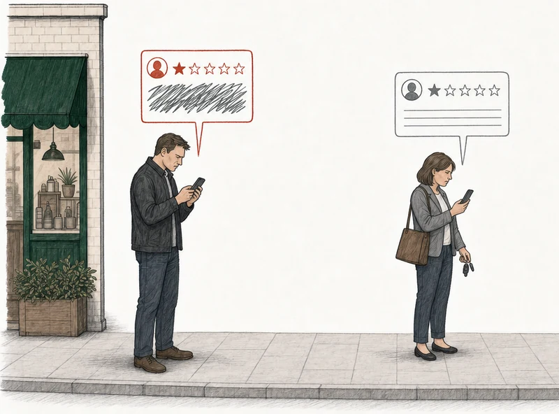 Illustration: two people on the pavement, each posting a one-star review from a phone. At the left, in front of the shop, a man in a dark jacket; his review card is drawn in red with a harsh scribble for its words. At the right, apart from him, an ordinary customer with car keys; her review card is drawn in plain gray. Labels: Aimed at a person, Angry, no swearing.