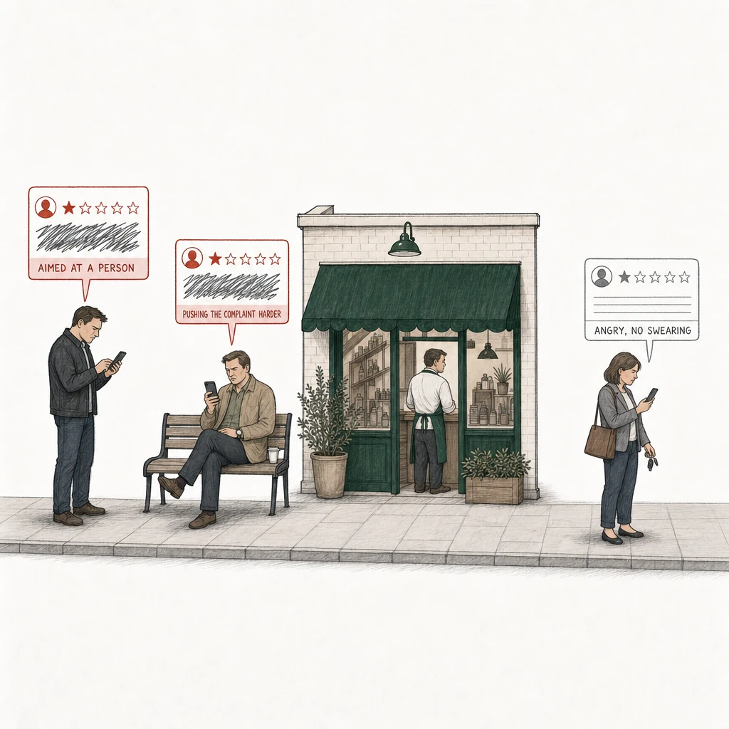 Illustration: a street with a small shop under a green awning, a worker in the green apron at the counter in its doorway. Three people post a one-star review from a phone. Two of the review cards are drawn in red with a harsh scribble where the words would be, and labelled with what the swearing does: Aimed at a person, a man in a dark jacket facing the worker at the doorway; Pushing the complaint harder, a man on a bench with a paper cup, checking his watch. At the far right, apart, an ordinary customer in a gray jacket with car keys posts a one-star review drawn in plain gray with neat lines for its words, labelled Angry, no swearing.