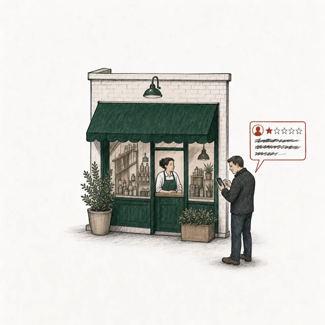A man in a dark jacket outside the shop's doorway, facing a worker in the green apron at the counter, posts a one-star review; the words on his review card are a harsh scribble.