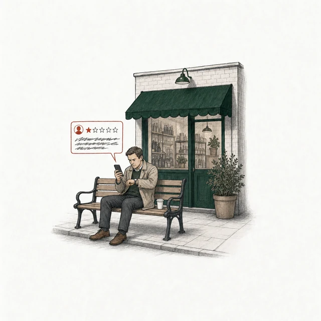 A man on a bench beside the shop, a paper cup at his side, checks his watch while posting a one-star review; the words on his review card are a harsh scribble.