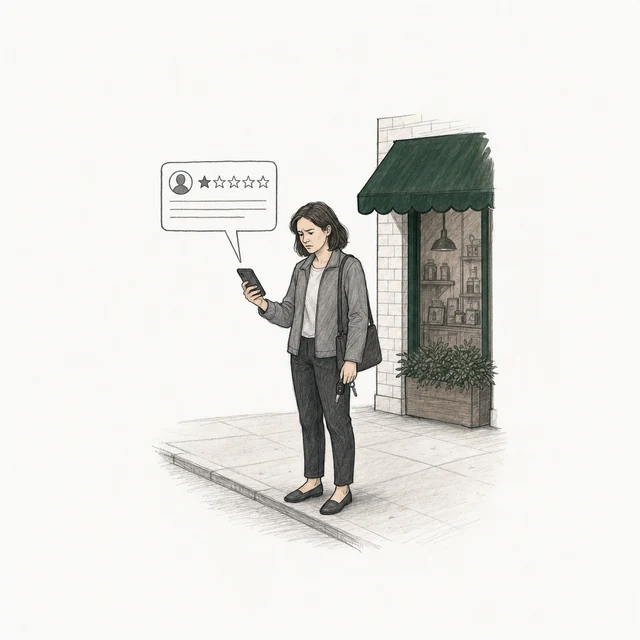 A customer in a gray jacket, car keys in hand, posts a one-star review drawn in plain gray; the words on her review card are neat plain lines. The corner of the shop is behind her.