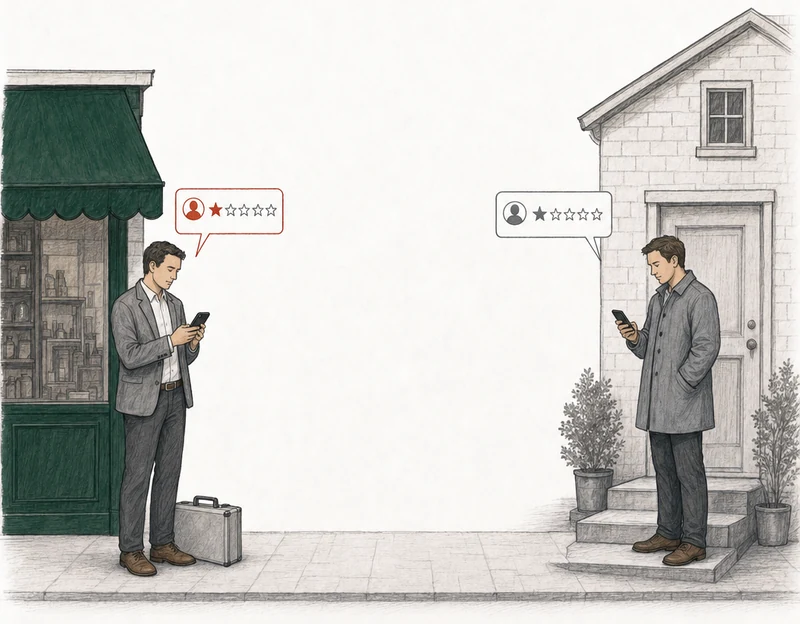 Illustration: two people on the pavement, each posting a one-star review from a phone. At the left, by the green-awning shop, a salesman in a blazer with a sample case at his feet; his review card is drawn in red. At the right, apart from him, an ordinary customer on the step of a house; his review card is drawn in plain gray. Labels: Pitch, Real customer.