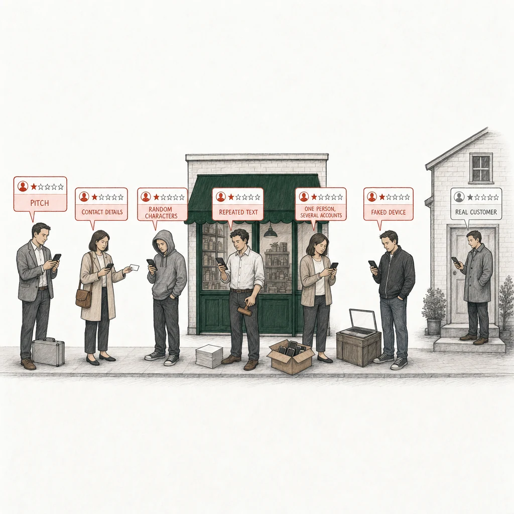 Illustration: a street with a small shop under a green awning and, at the right, a small house drawn in plain gray. Seven people post a one-star review from a phone. Six of the review cards are drawn in red and labelled with what the words are: Pitch, a salesman in a blazer with a sample case at his feet; Contact details, a woman holding out a business card; Random characters, a young man in a hooded sweatshirt typing with one thumb; Repeated text, a man holding a rubber stamp beside a stack of identical sheets; One person, several accounts, a woman with a box of phones at her feet; Faked device, a man in a dark jacket beside a laptop on a crate. At the far right, apart, an ordinary customer on the step of the house posts a one-star review drawn in plain gray, labelled Real customer.