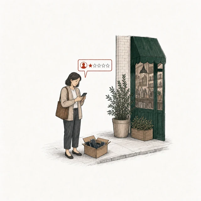 A woman posts a one-star review with a box of several more phones at her feet; the corner of the shop is behind her.