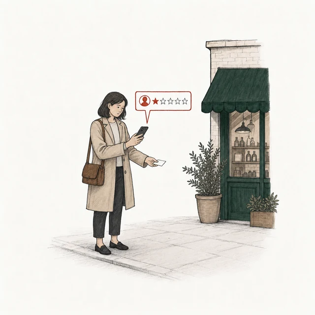 A woman holding out a business card posts a one-star review; the corner of the shop is behind her.