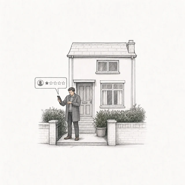 A customer on the front step of a house checks his watch after waiting all morning and posts a one-star review, drawn in plain gray.