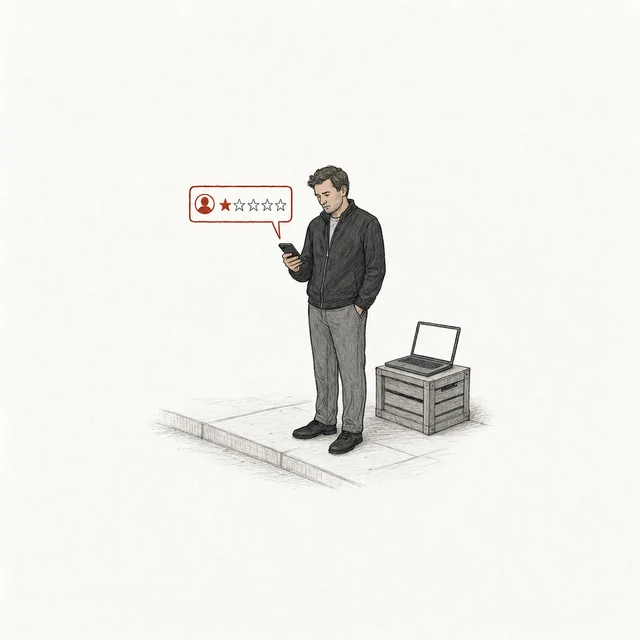 A man in a dark jacket posts a one-star review beside a laptop open on a crate.