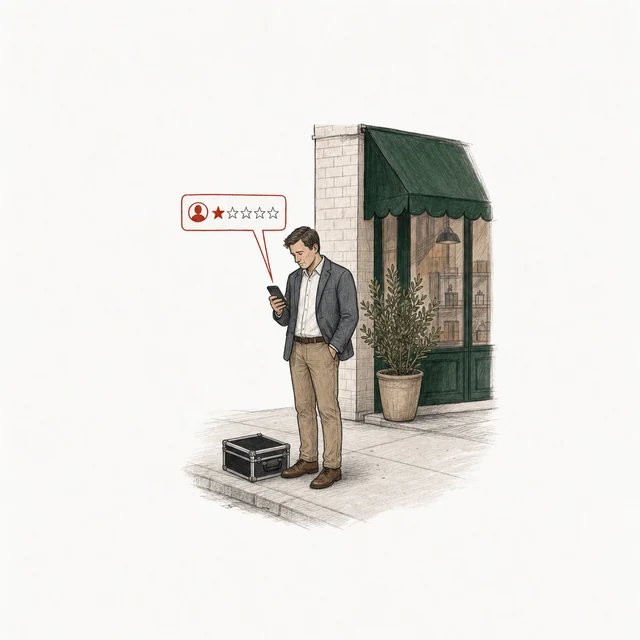 A salesman in a blazer with a sample case at his feet posts a one-star review; the corner of the shop is behind him.
