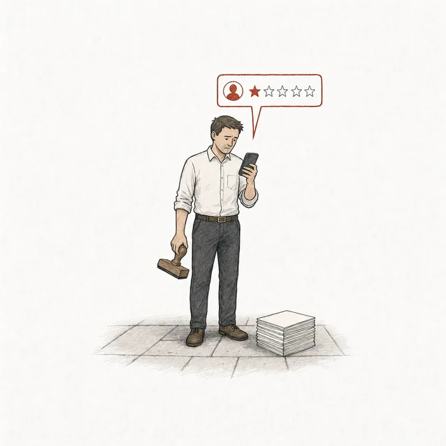 A man holding a rubber stamp, a stack of identical sheets at his feet, posts a one-star review.