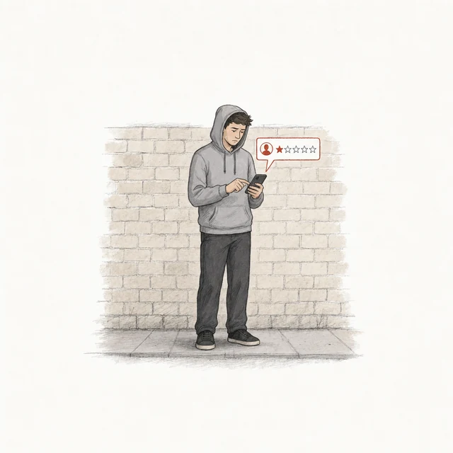 A young man in a hooded sweatshirt types a one-star review with one thumb in front of a plain brick wall.